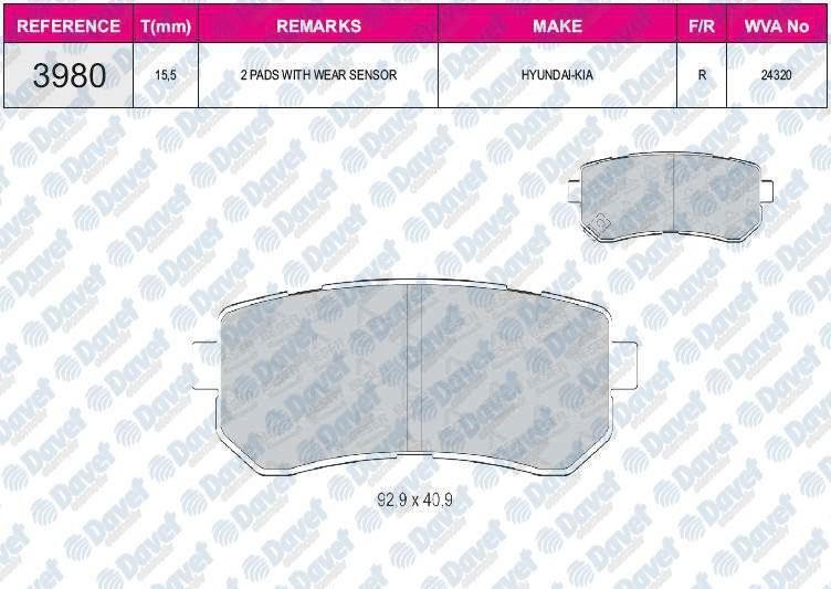 FERBE 52800 Fren Balatasi Arka Wva 24320 Hyundai Accent Era 07-11 I20 08-15  I30 07-12 Ix20 10-> Ix35 10-> Sonata 10-14 Ceed 06-12 Cerato 08-> Rio 05-> Sportage 04-11